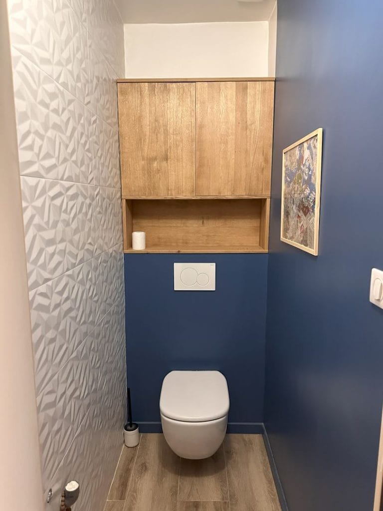 aménagement_wc_bois_mur_bleu Placard de rangement en chêne au-dessus de toilettes avec niche ouverte