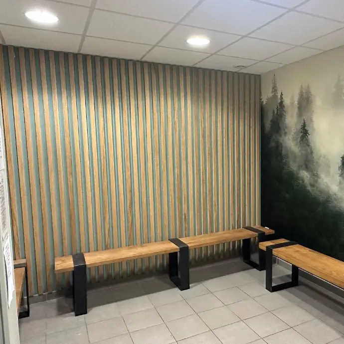 Banc en bois massif et metal salle d'attente médecin