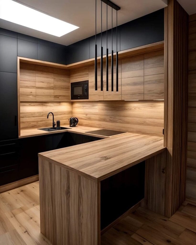 Cuisine avec façades noir et plan de travail en bois