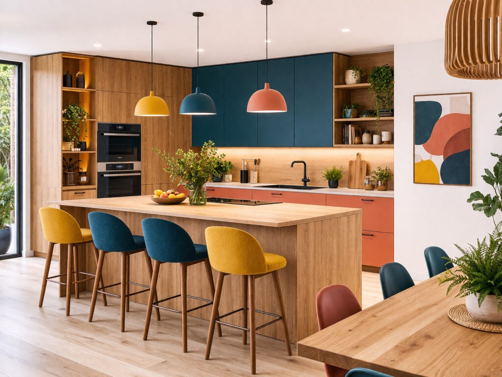 cuisine-couleur Cuisine contemporaine en bois avec îlot central et façades colorées bleu et terracotta