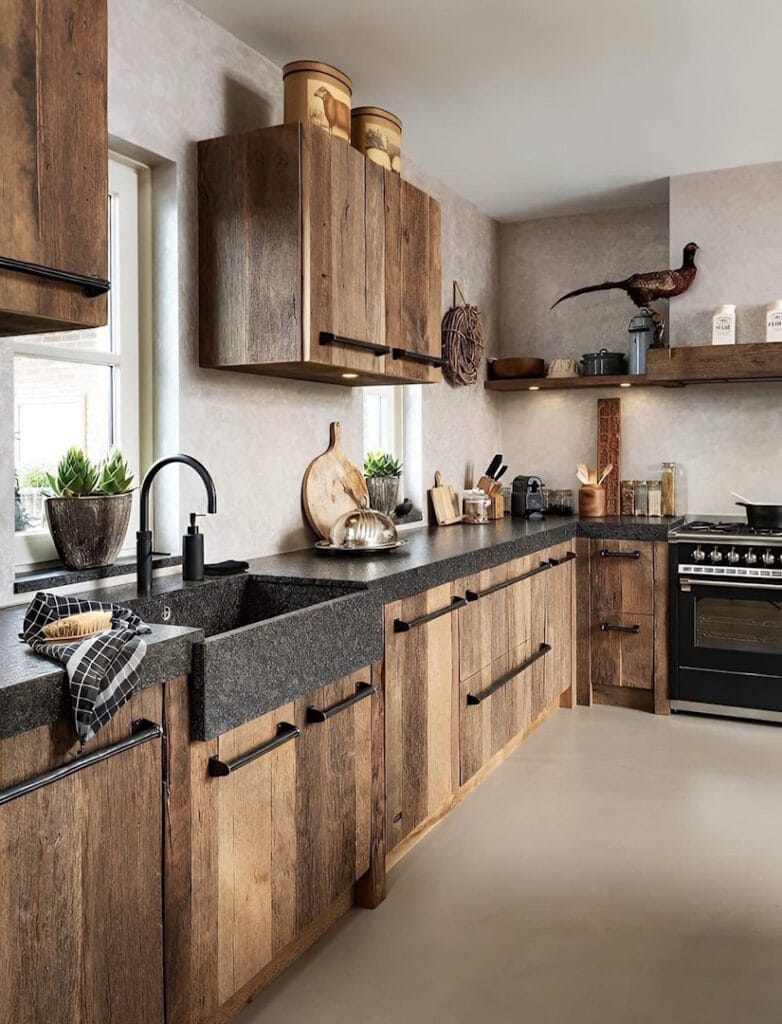 Cuisine moderne rustique : meubles en bois brut texturé, évier noir style ancienne ferme et murs effet béton ciré beige clair.