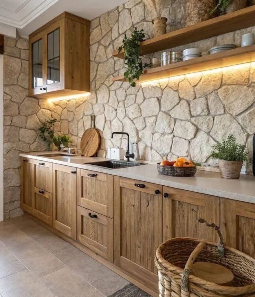 Cuisine rustique avec grand mur en pierre et meubles en chêne massif.